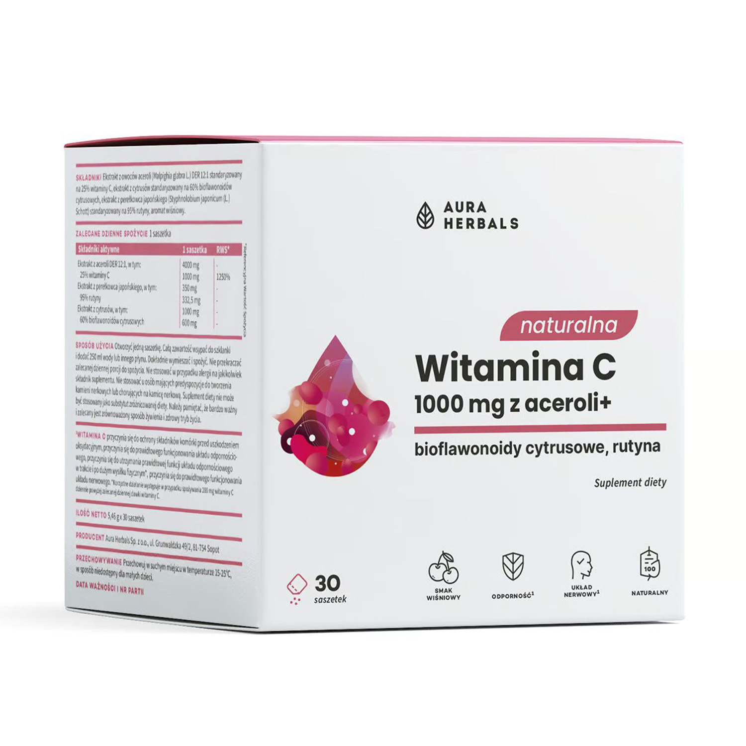 Вітамін С Aura Herbals Natural Vitamin C 1000 мг From Acerola, в порошку, 30 шт